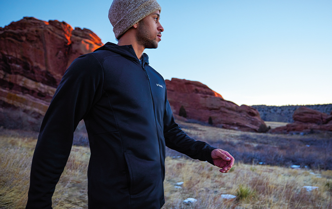 Person wearing jacket with Omni-Shield Release technology